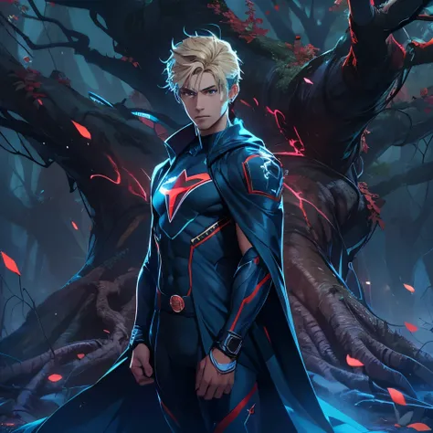 (masterpiece), 8k cg, intricate details, chromatic aberration, ((bust shot)), ((looking at viewer)), 1man (blue eyes, short blonde hair, Superhero suit, cape, tree roots, tree roots incorporated in suit ) , handsome face, frown, 20 year old, absurdres, cin...