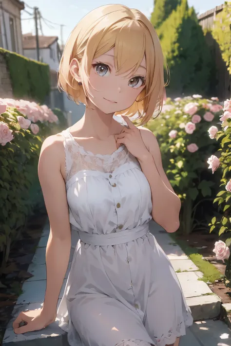 8k, RAW photo, Fujifilm, style photo of a beautiful young woman as avril in a garden of light pink roses (highly detailed skin: 1.2) Style-Petal BREAK short hair, blonde hair with colored locks, wearing a dress, film granulation, 35mm, cute style