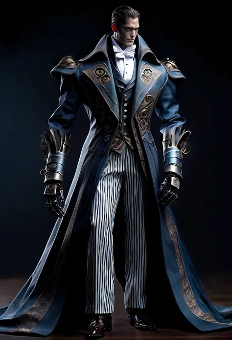 Full body shot, medieval fantasy inspiration, Elegant butler robot with mechanical engineering luxury frock coat and gray striped pants, Best Quality, 最hightqualityの, hightquality, beautiful detail, intricate detailes, insane detail, ighly detailed, intric...