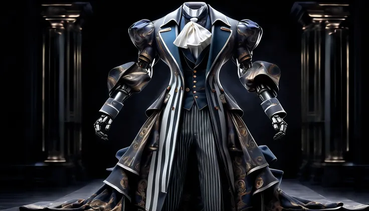 Full body shot, Elegant butler robot with mechanical engineering luxury frock coat and gray striped pants, Best Quality, 最hightqualityの, hightquality, beautiful detail, intricate detailes, insane detail, ighly detailed, intricate fine detail, A hyper-reali...