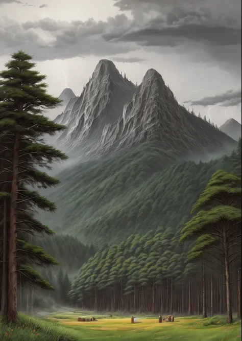 Realistic, authentic, beautiful and amazing landscape oil painting Studio Ghibli Hayao Miyazaki&#39;s petal grassland with dark stormy sky and a lightning. fir trees, and towering gray mountains. Evening time.