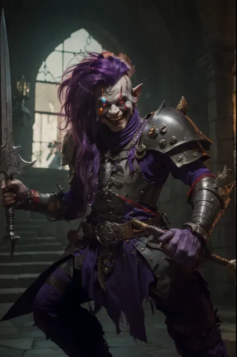 troll clown, assassin, scary purple skin, purple hair, scary laugh, wearing armor, holding a dagger, in the castle.