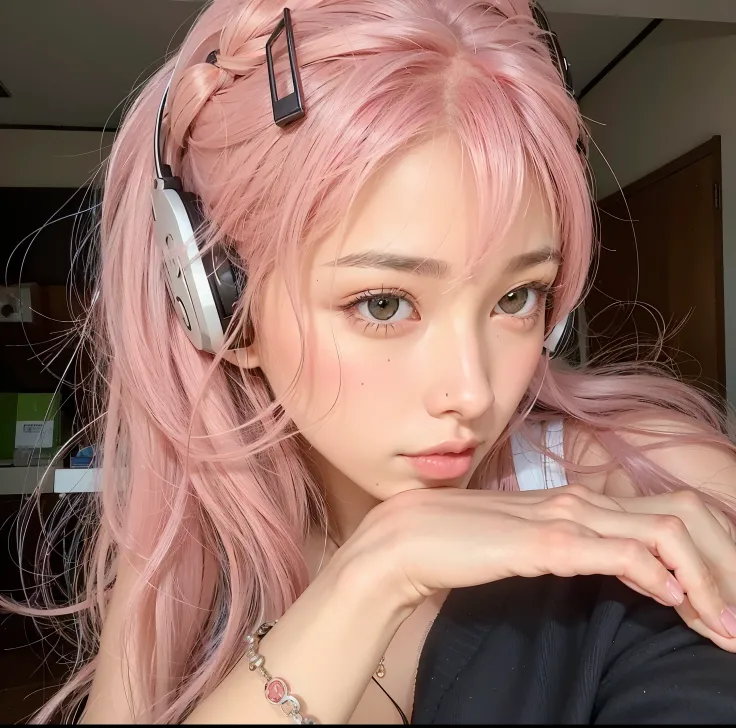 there is a girl with cabello rosado and headphones on, with cabello rosado, flowing cabello rosado, Hermosa Delphine, Pelo rosa de cola doble y ojos cian, long flowing cabello rosado, Chica de anime en la vida real, cabello liso rosa, e-chica, E - Chica, c...