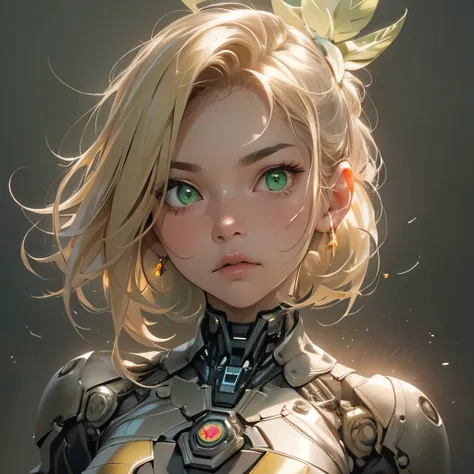 (masterpiece), 8k cg, stunningly beautiful girl, intricate details, chromatic aberration, ((bust shot)), ((looking at viewer)), 1girl, (golden blonde hair, green eyes, Billie Ellish, Body Suit, Tight Suit, Cybernetic), extremely beautiful and delicate port...