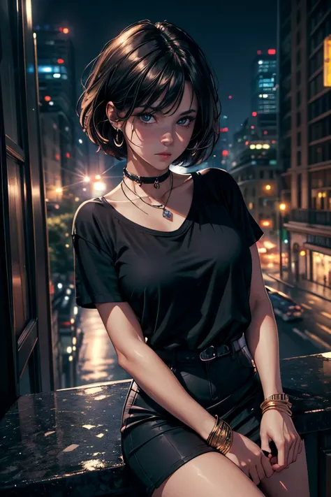 (masterpiece:1.1), best quality, (ultra detailed:1.3), super fine illustration, ultra realistic, solo, woman, cinematic angle, beautiful face and eyes, short hair, dishevled hair, black t-shirt and skirt, Jewelry Accessories, observing the surroundings, Wa...