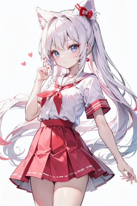 if hello kitty was a short height small chest cosplaying cute loli white long hair with red ribbon anime girl wearing school uniform. white background