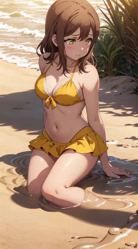 (pixel-perfect, detail-perfect), solo, 1girl, highly detailed, absirdres, masterpiece, illustration, game cg, hanamaru kunikida, glossy lips, blush, beautiful detailed eyes, amber eyes, bikini, bikini skirt, full body, beach, tears, (quicksand:1.3)