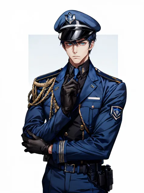 male people，robust，Security personnel，blue uniform jacket，Inside is a black long-sleeved T-shirt，Wearing white gloves，Wearing a blue military cap，The expression is serious