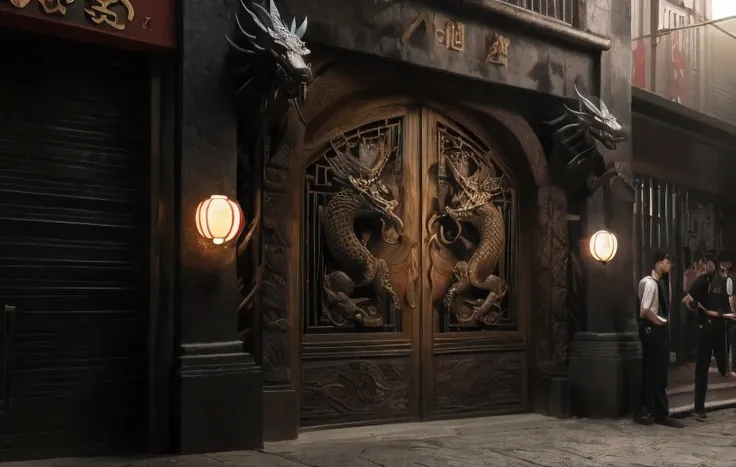 people outside a building with a dragon door, inspired by Kanō Hōgai, chinese dragons fighting, Cyberpunk Chinese Ancient Castle, inspirado por Li Gonglin, Directed by: Han Gan, detalhes intrincados. Motor irreal, Chinese dragon concept art, inspirado em Z...