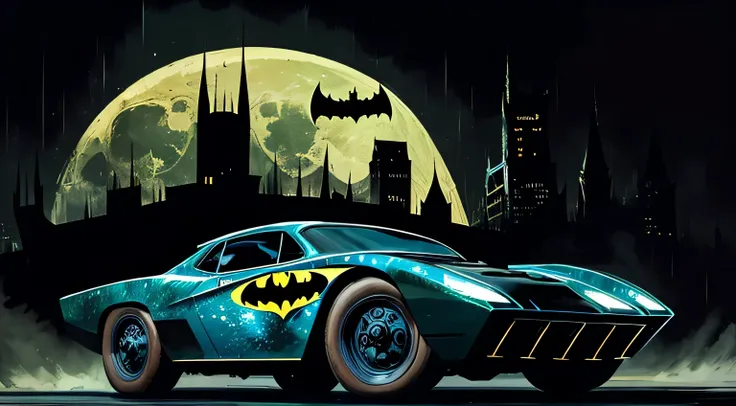 the original 1966 Batmobile driving through Gotham city  the style of vincent van gogh / Impressionist painting style / heavy brush strokes  Vincent Van Gogh / impressionist oil painting style/ thick brush strokes/ Vintage black car with fins, Bat Logo on ...