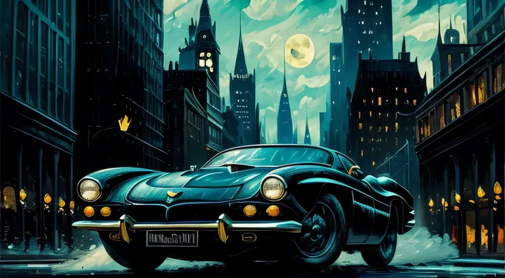 vintage auto  Batmobile driving through Gotham city  the style of vincent van gogh / Impressionist painting style / heavy brush strokes  Vincent Van Gogh / impressionist oil painting style/ thick brush strokes