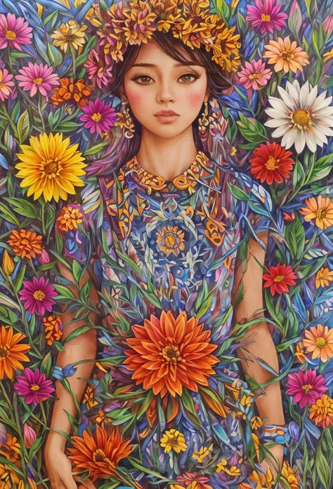 (ultra-detailed background, detailed background), absurdres, highres, ultra detailed, extremly detailed, 1girl, (bunch of flowers:1.3), (zentangle:1.2), (geometric:1.2),(colorful),