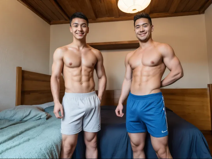 2man, Chinese guy, neat muscular, shorts, shirtless, bed room, smile, bulge, full body