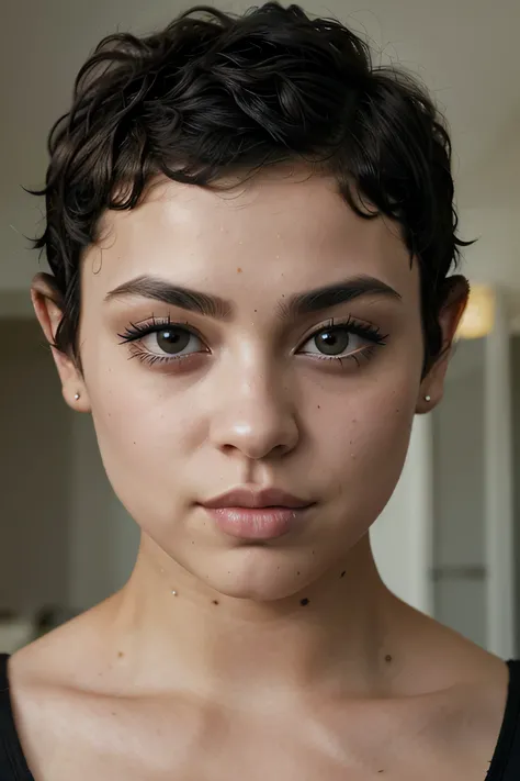 Real, Arafed woman, a close up of a young woman face, (1woman:1.3), (black hair), (Diamond Face), large eyes, soft devil queen, Short Pixie cut curly hair, (Wavy Pixie Hair:1.3), (large full lips), (thick bushy straight eyebrows), (smile:0.7), selfie of a ...