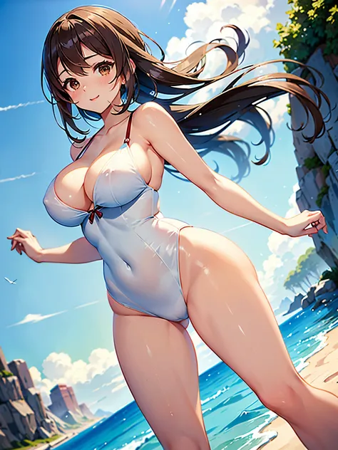 Full voluptuous body view, professional anime, anime (ufo table), happy woman walking in a field with white and bluish flowers, very beautiful symmetrical face, brown eyes, medium brown hair, the sunlight shines from the front showing her great full figure...