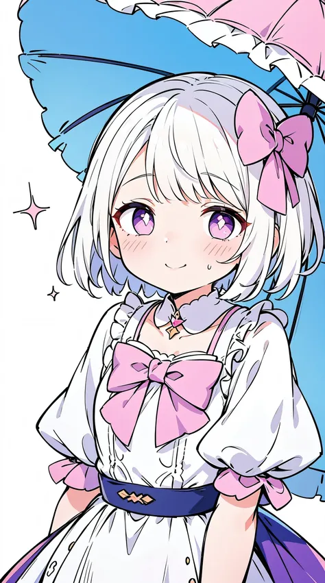 1 girl, Alone,natta,umbrella,rained,hands in pocket hat,tiered dress) (((White hair with pink highlights,short detailed hair,Half bangs,Wearing a purple bow on the head))),Perfect big watery eyes, character  design,((Pupils in pink color)),cute anime face,...