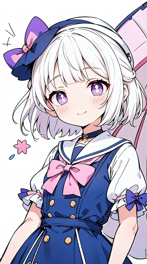 1 girl, Alone,natta,umbrella,rained,hands in a pocket,(Sailors cap,tiered dress) (((White hair with pink highlights,short detailed hair,Half bangs,Wearing a purple bow on the head))),perfect big green eyes, character  design,((Pupils in pink color)),cute a...