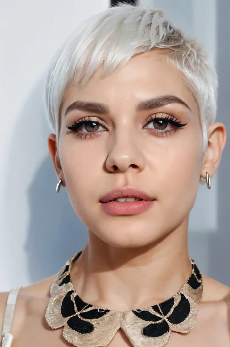 realistic, a portrait of an arafed young woman, cute, beautiful, (1woman:1.3), iranian, black eyes, (white hair:1.1), short-cut, (pixie-cut:1.3), bleached white short hair, (bony face:1.3), (square face:1.3), (slim nose:1.3), small nostrils, small nose, th...