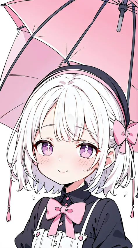 1 girl, Alone,natta,umbrella,rained,hands in pocket hat,black shirt,red s) (((White hair with pink highlights,short detailed hair,Half bangs,Wearing a purple bow on the head))),Perfect big watery eyes, character  design,((Pupils in pink color)),cute anime ...