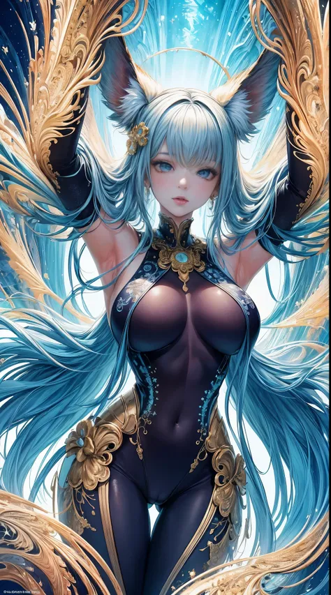 (masterpiece, top quality, best quality, official art, beautiful and aesthetic:1.2), (1girl:1.3), (fractal art:1.3), busty, transparent bodysuit, skimpy, cameltoe