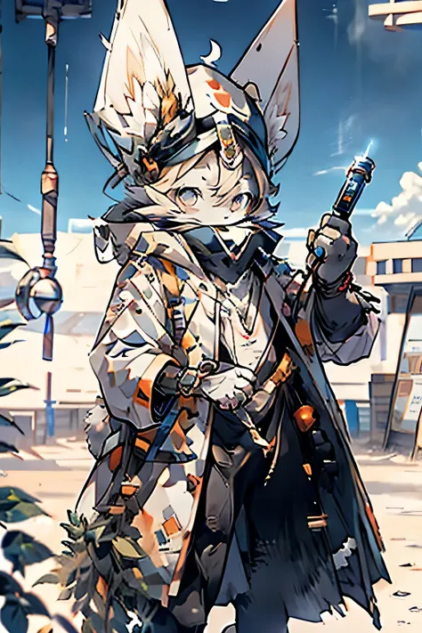 big floppy eared rabbit in medical gear and holding a vial with a desert background