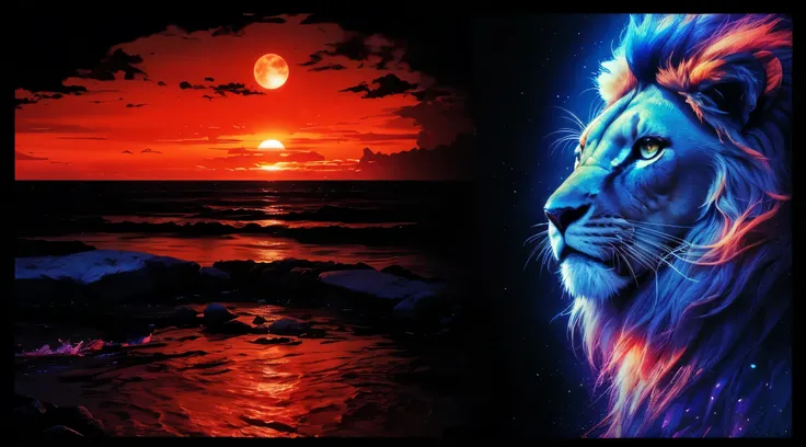 Lion, Divine Lion, Lion King, Lion Majestic, natural, Natureza, renderizado, fotorrealista, UltraHD, 4k, texturasdetalhadas, thunders, sombras detalhadas, cores detalhadas, por do sol, sol se pondo, Sunset, Natureza Linda, Great Divine, por do sol, contras...