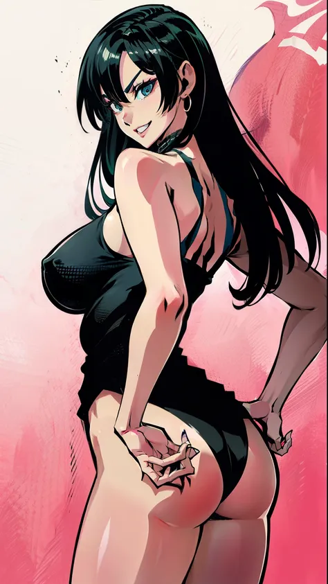 2D anime of (Tifa Lockhart) in the style of Yusuke Murata, slender body, evil grin, smiling, nude ass, sleeveless white top, ass focus, big rounded eyes, big eyes, big head, perfect face, highly detailed face, intricate, elegant, highly detailed, digital p...