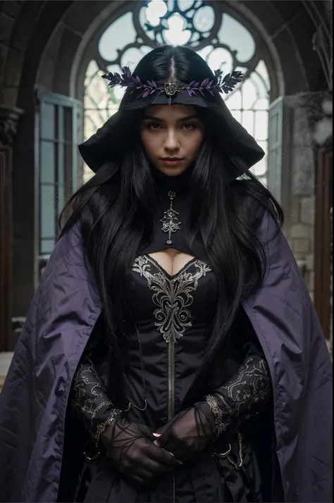 Beautiful sorceres, having black long hair, purple clothing, gorgeous girl, in the castle.