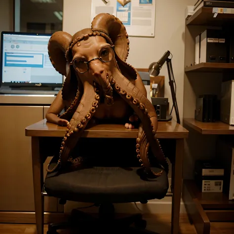 a octopus sits behind an office desk wearing glasses and a stylish suit.