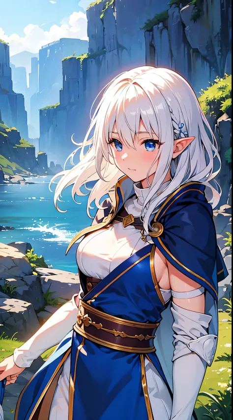 [[[ ultra-detailed, best quality, soft skin, beautiful, 4K]]] elf, white hair, medium hair, silky hair, wolf cut, hairpin ornament, blue eyes, adventurer leather armor, fit body, adventurer cloak, stoic, reserved, dynamic, village inn