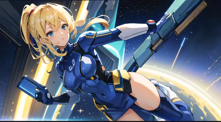 blonde anime woman in shiny midnight blue short dress, samus aran like, in a space station, earth visible at background (realy close) a few rounded space stations visible too, anime style, sen no kiseki style, digital art, 8k