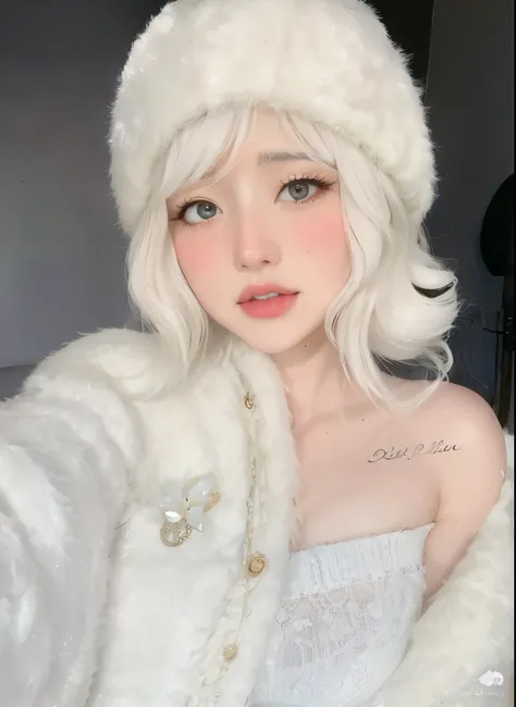 un primer plano de una persona que llevaba una bata blanca y un sombrero, pale snow white skin, con pelo largo blanco, Peinado blanco de corte hime, pale Porcelana piel blanca, con el pelo largo y blanco, Chica perfecta de pelo blanco, ulzzang, Su cabello ...