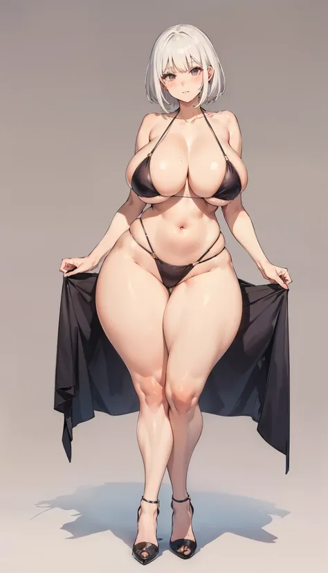 (big breasts, huge breasts, gigantic breasts), SFW, (short ((white hair))), (bikini), curvy, firm breasts, sexy pose, big legs, exposed legs, thick thighs, sexy thighs, thin waist, small waist, perfect figure, full body, high heels