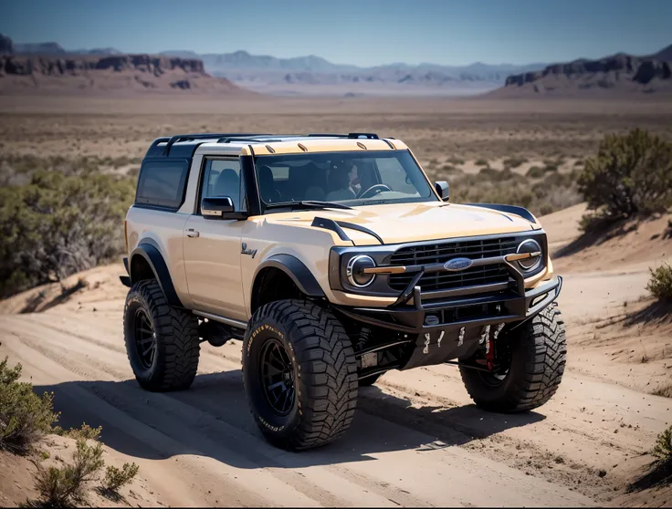 masterpiece photo Ford Bronco PreRunner with Baja suspension, large off-road tires, expedition tuning: : 2, highly detailed body, highly detailed tires, cinematic, hyper-realistic, symmetrical, desert, bright sun, rocky ridge: : 2, photo by Sabiha Çimen: :...