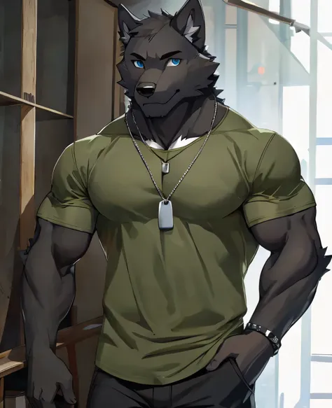 male, muscular, wolf, olive t-shirt, black fur, black trousers, dog tags, blue eyes