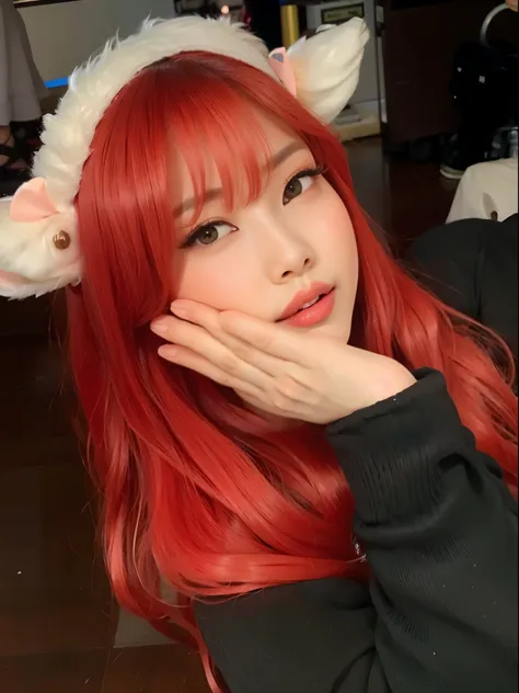 a close up of a woman com cabelos ruivos wearing a bunny ears headband, Lalisa Manobal, pale red, Ulzzang, Cor vermelha, peruca vermelha, com cabelos ruivos, Lalisa Manoban do Blackpink, Cor vermelhaed, cabelos tingidos de vermelho, linda Delphine, vermelh...