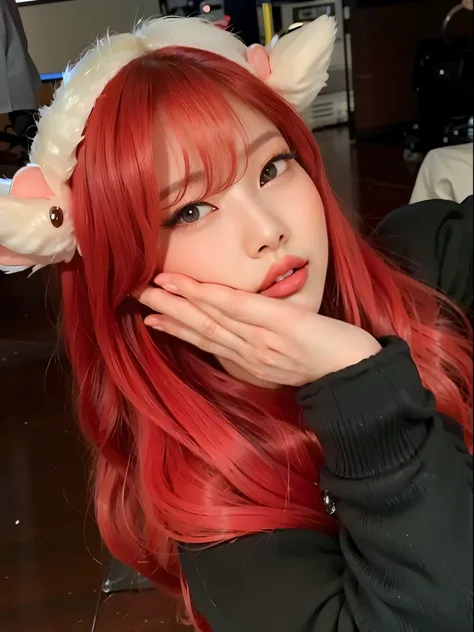 close de uma mulher com cabelos ruivos usando uma faixa com orelhas de coelho, Lalisa Manobal, pale red, Ulzzang, Cor vermelha, peruca vermelha, com cabelos ruivos, Lalisa Manoban do Blackpink, Cor vermelha, cabelos tingidos de vermelho, linda Delphine, ve...