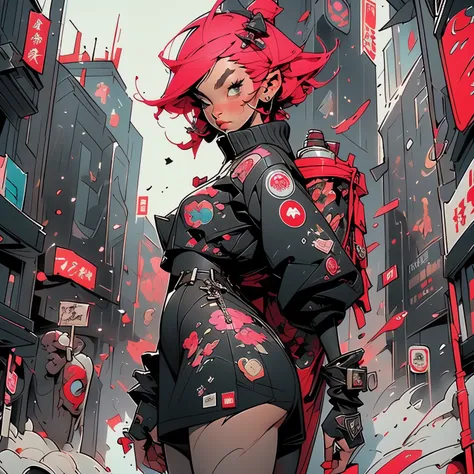 ((Very nice girl in full height)). With pink hair, posing in black and pink clothes with pink rhinoceros, tanned skin, dark skin, seductive - hot stripper, very sexy, modern style, comic book, cyberpunk, future, color fill, rich colors. Very graceful, stan...