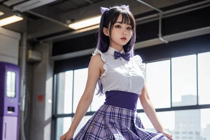 ((Best Quality)), ((masutepiece)), (Detailed), Perfect face, she is a girl that was wearing this blue and purple dress standing, 1girl, solo, long hair, purple eyes, breasts, one side up, shirt, skirt, indoors, blue skirt, center frills, sleeveless, sleeve...