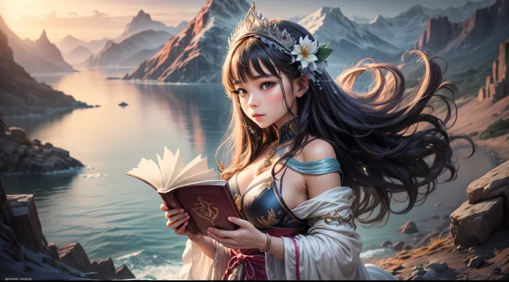 "A realistic photograph of a girl, adorned in enchanting attire, holding an ancient-looking book against the backdrop of a serene seascape. The magic in the air is palpable, accentuated by the soft play of light and shadow. The image merges fantasy and rea...