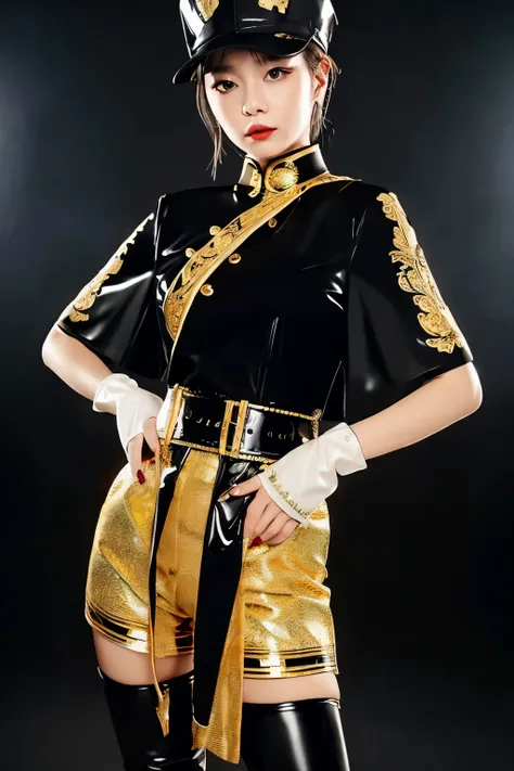 BREAK (black and gold theme:1.4), (fit body:1.3), (black peaked cap:1.4), (latex tight black cat suit with black collar:1.4), ((Jabot, cravate):1.4), (Black short cape with elaborate gold embroidery:1.3), ((gold epaulet, gold Aiguillette):1.3), (belt with ...