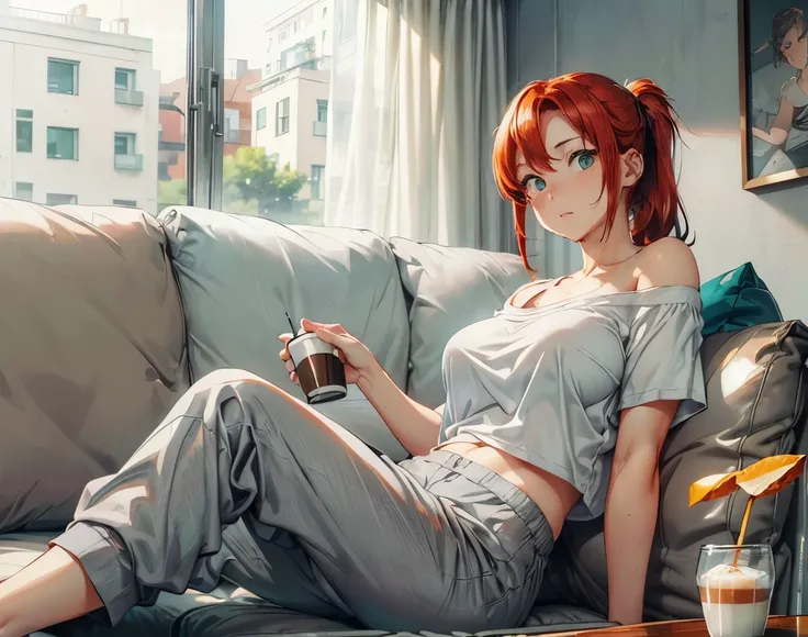 ((Busty red headed woman in old white t-shirt and Grey sweatpants, sitting on the couch)) , (tshirt large and off shoulder), green eyes, (sipping from coffee cup) , high quality, UHD, detailed eyes, masterpiece, (knees up) , ponytail, (freckleeautiful face...