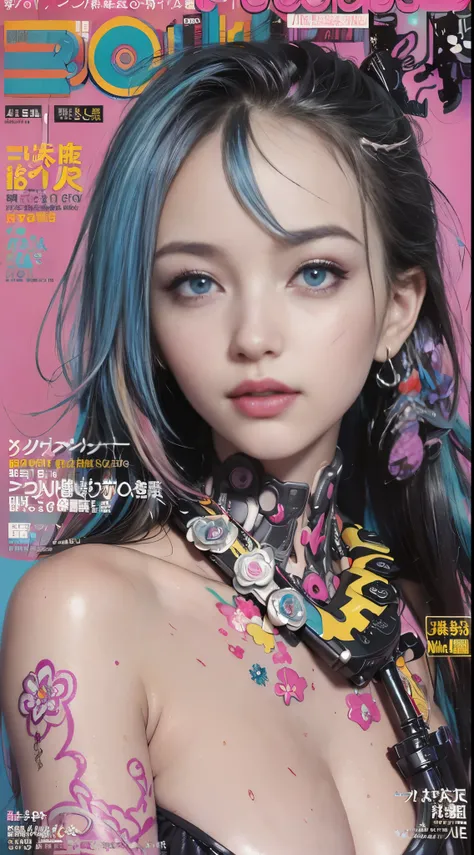 Flowing_contour biomechanical__cybernetic_airbrush___Strange__Weird__(((Japanese Harajuku style Fashion_(((colorful Magazine_cover)))__art_decor_Border)))__porcelain_and_Platinum / Futuristic Cyberpunk woman with porcelain skin, (cybernetic implants), NSFW