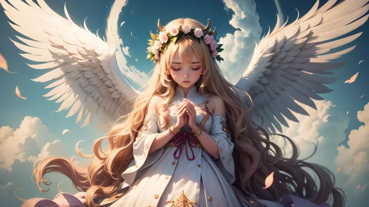 angel with long blonde hair using a flower crown and clothes adorned with precious jewels praying in the heaven above the clouds --auto --s2