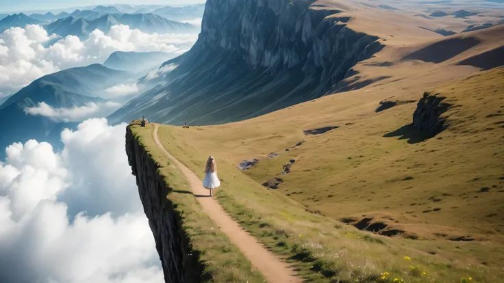 woman with long blonde hair using a flower crown walking above the clouds --auto --s2