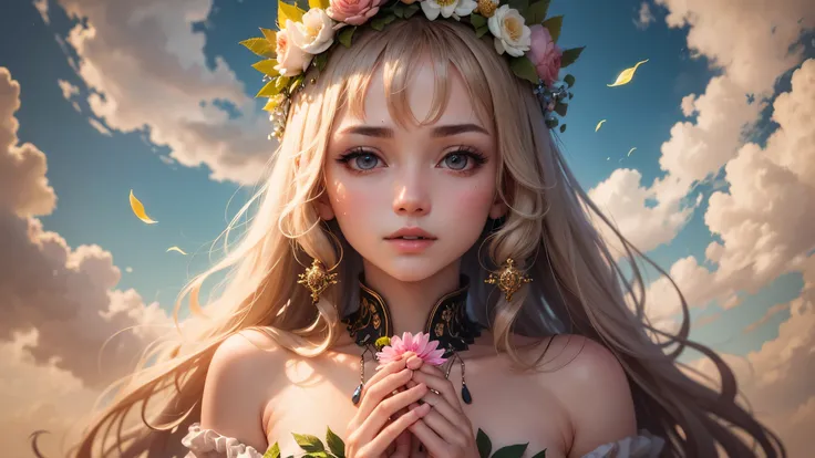 angel with long blonde hair using a flower crown and clothes adorned with precious jewels praying in the heaven above the clouds --auto --s2