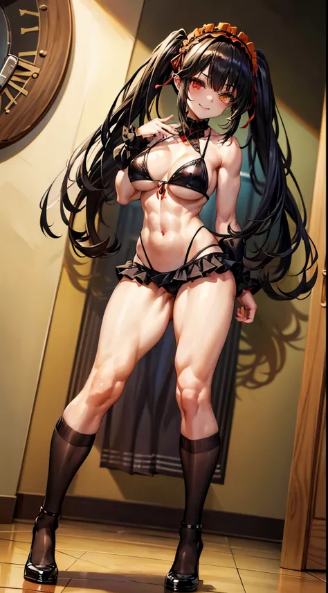 1 girl, bare shoulders, black hair, medium breasts, (muscular legs), muscular belly, wide hips, thin waist, (((clock eyes))), (wearing a very short and sexy bikini), finger to mouth, ( ((in the motel room))), full body, hair band, (with her back to me show...