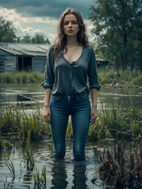 Psychological thriller, The woman, in full height, Drowning in an ankle-deep swamp, in jeans and a T-shirt, Flares on jeans, Iндульгенция в постыдном фетише. I&#39;I стою в грязном болоте, with a sharp face and. Pale skin of a woman contrasts with a dark b...