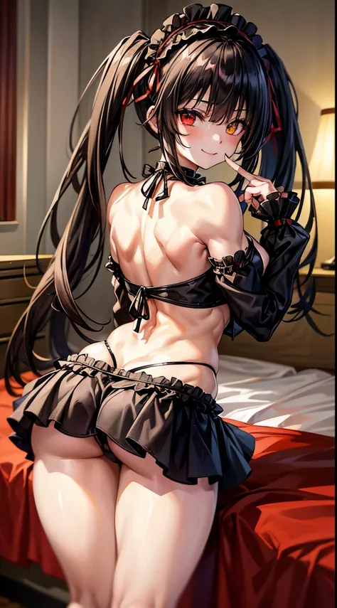 1 girl, bare shoulders, black hair, medium breasts, (muscular legs), muscular belly, wide hips, thin waist, (((clock eyes))), (wearing a very short and sexy bikini), finger to mouth, ( ((in the motel room))), full body, hair band, (with her back to me show...