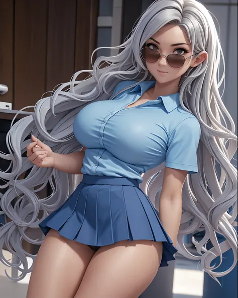 Only one girl with wavy silver hair that cascades to the middle of her back. Brown eyes. Slim and athletic build. She was wearing a schoolgirl skirt in shades of blue, a light blue shirt.  He was wearing sports shoes. Big ass, big boobs